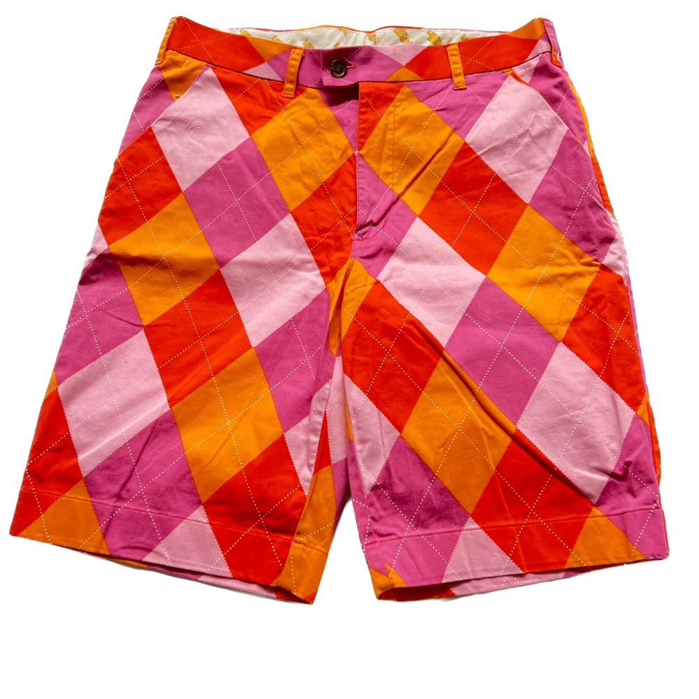 Loudmouth Golf Shorts Men's 34W Pink Purple Orange Argyle 10 1/2" Inseam Bright